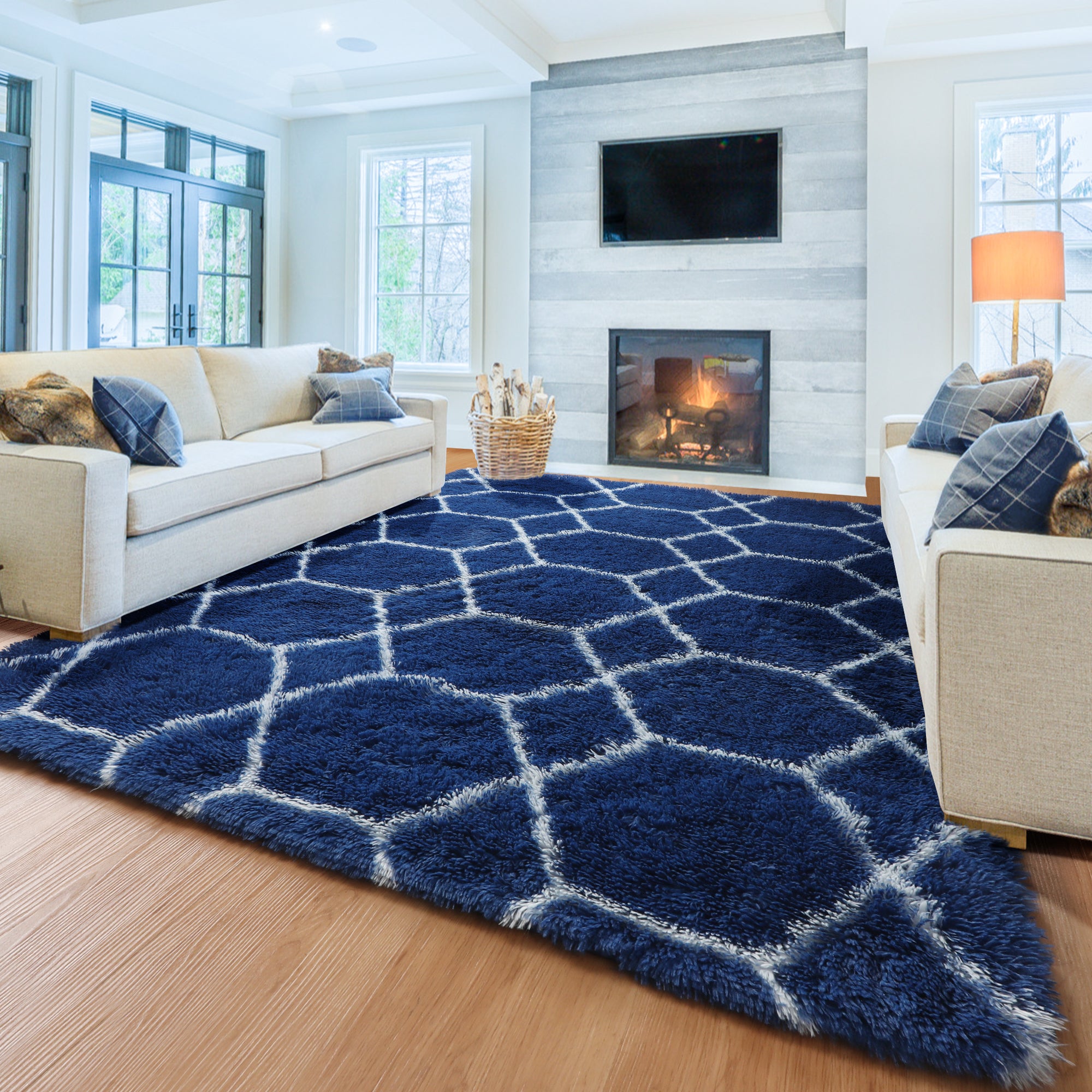 Fluffy Moroccan Navy and White Rugs