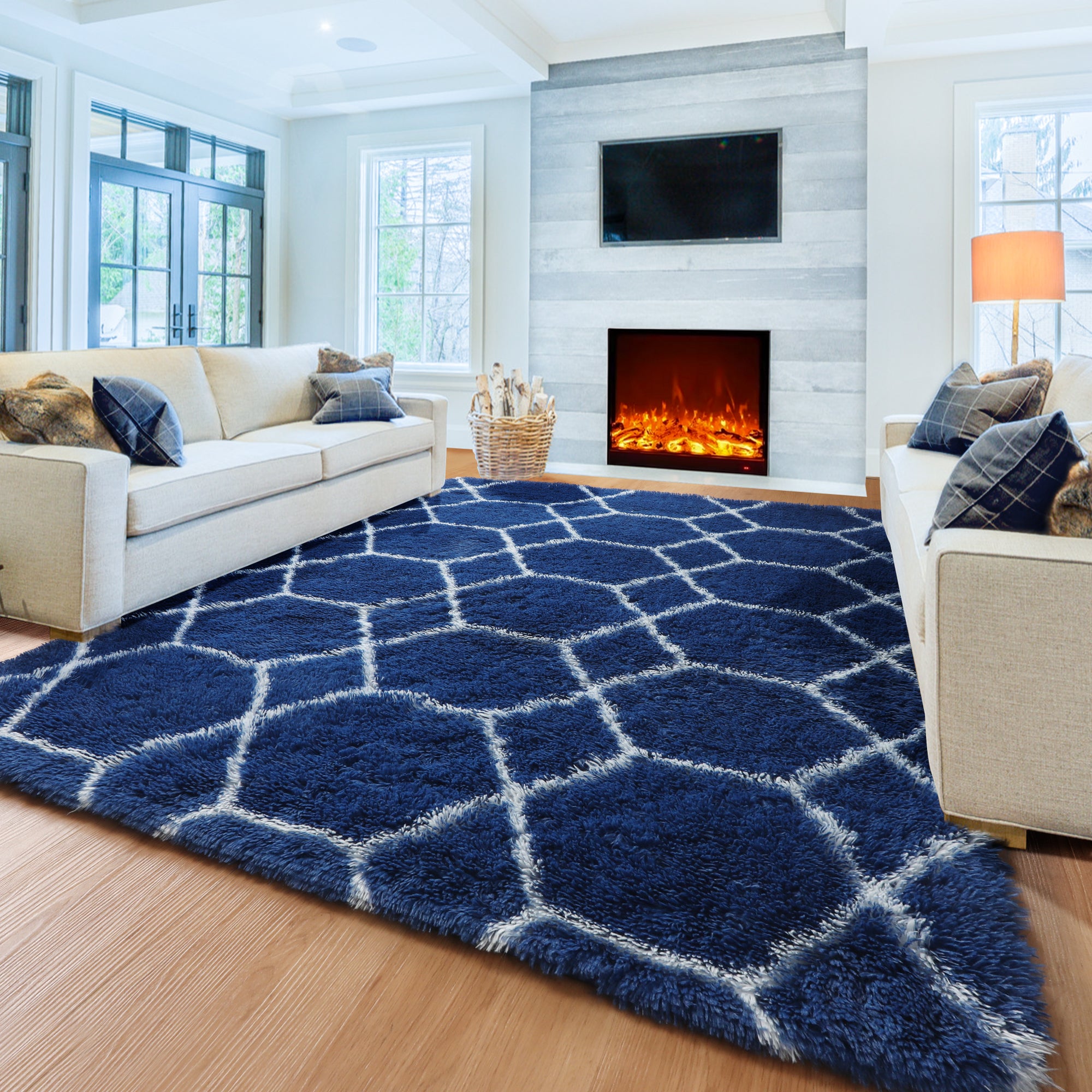 Fluffy Moroccan Navy and White Rugs