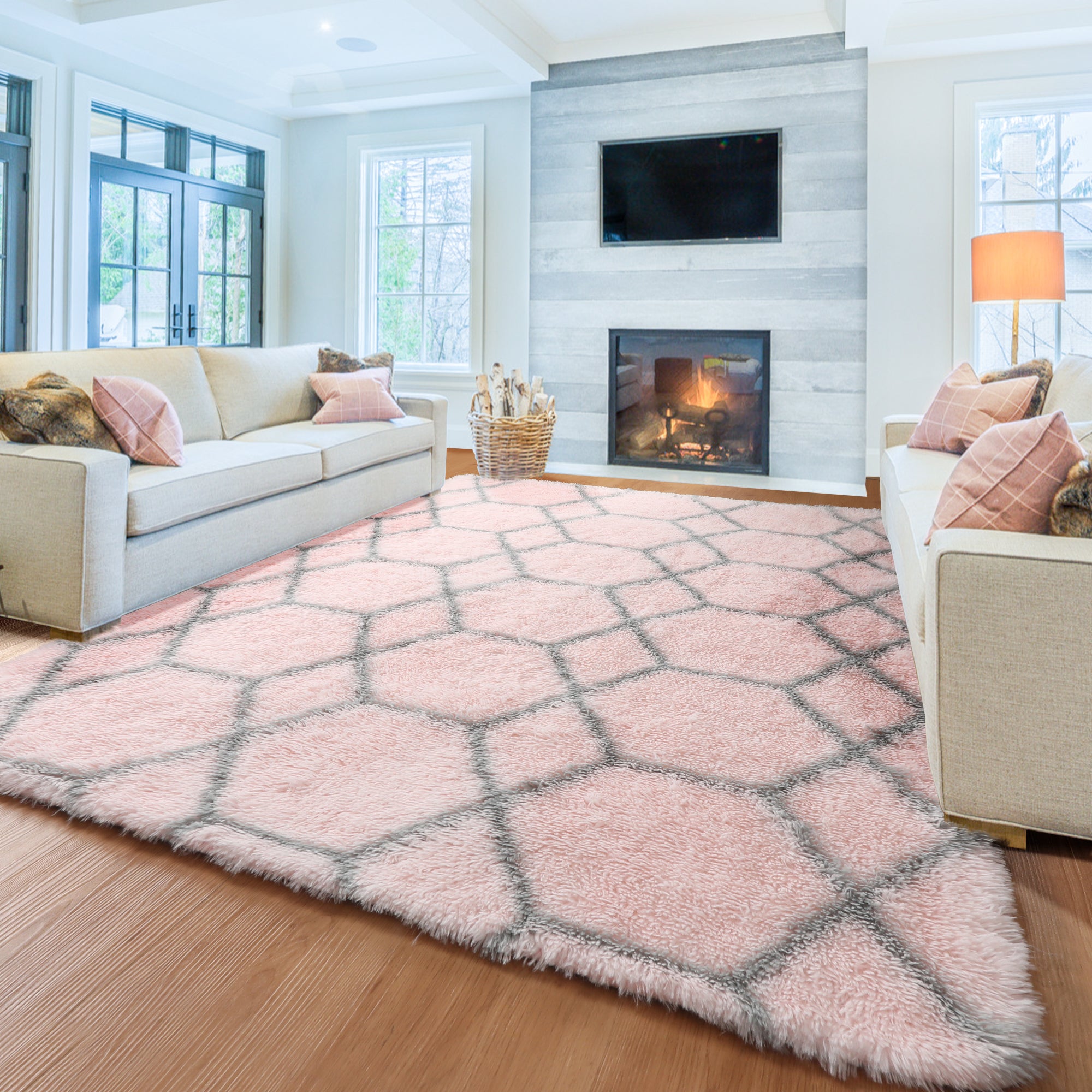Fluffy Pink and Grey Rug