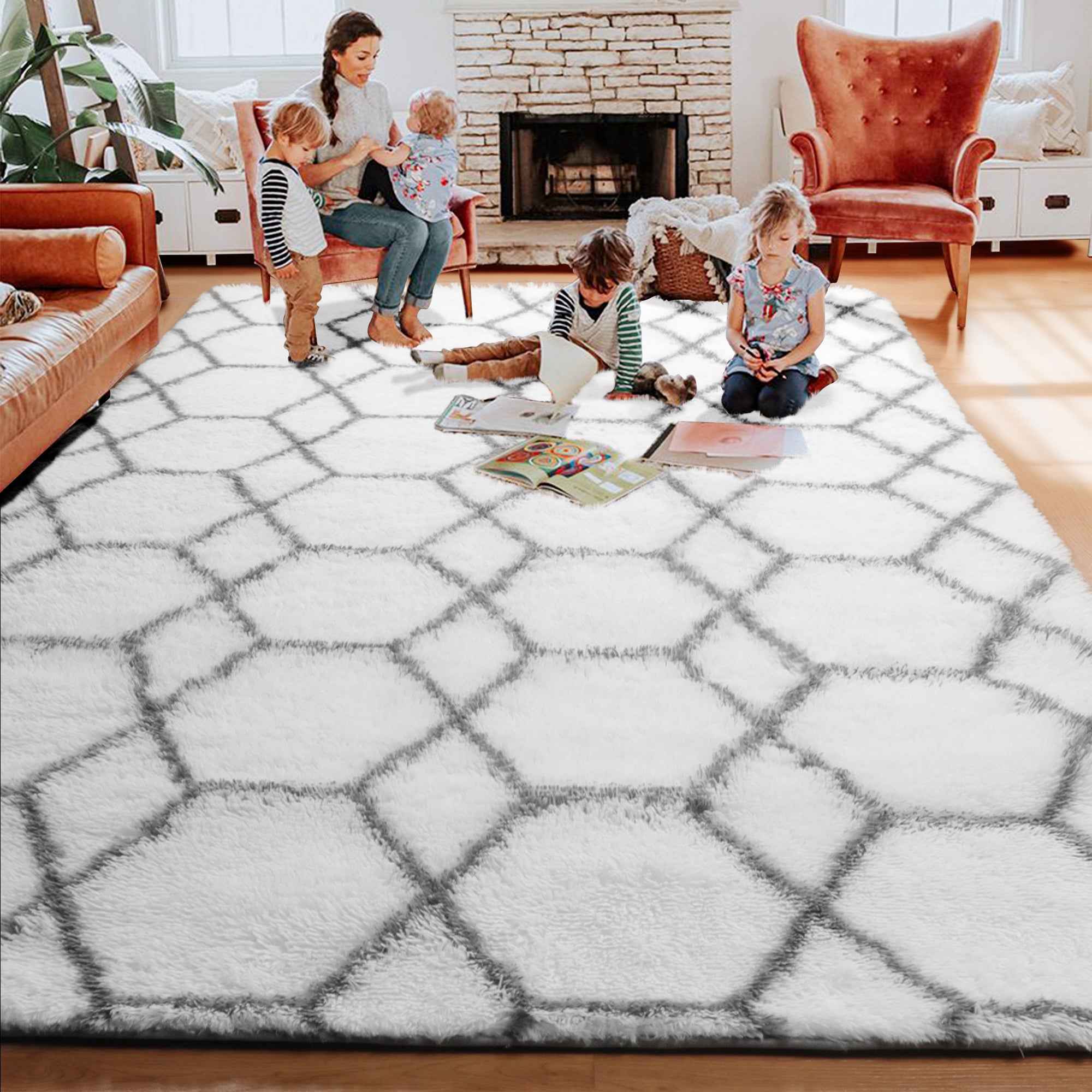 Extra Soft Fuzzy Rug Geometric Area Rug for Bedroom Living Room, White and Grey Rug